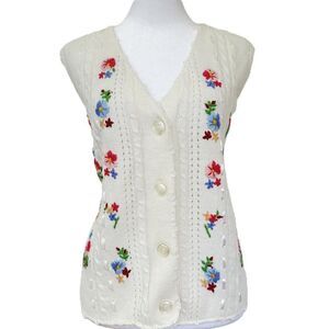 Vintage Floral Embroidered Lightweight Knit Vest Womens Size M Cottagecore